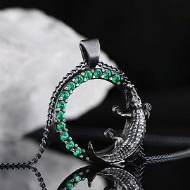 Yuvarlak Taşlı Özel Üretim Timsah Kolye