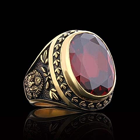 Yakut Taşlı Tuğralı Devlet Armalı Gümüş Yüzük