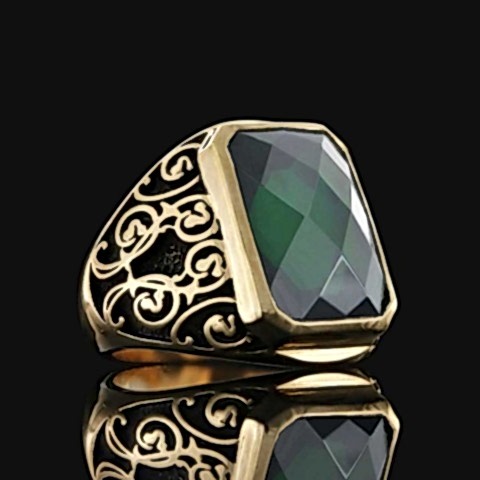 Tourmaline Floral Desenli 925 Ayar Gümüş Erkek Yüzük, Tourmaline Yüzük