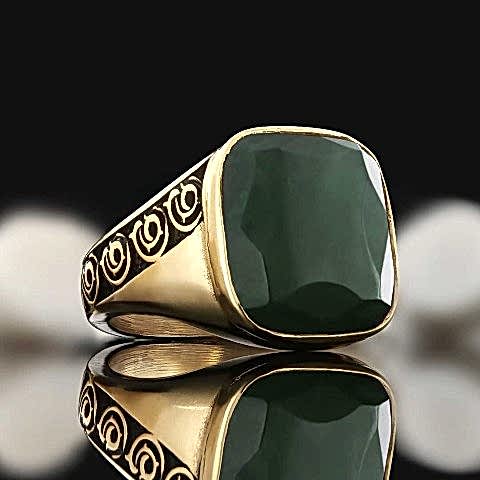 Yeşil Akik Taşılı Gümüş Erkek Yüzük, El Yapımı Gümüş Yüzük
