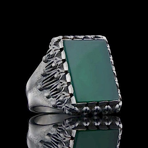 Yeşil Akik Taşlı 925 Ayar Gümüş Erkek Yüzük, Yeşil Akik Özel Tasarım Yüzük