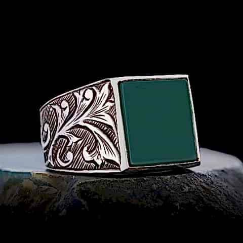 Yeşil Akik Taşlı 925 Ayar Gümüş Yüzük, Yeşil Akik Yüzük, Gümüş Erkek Yeşil Akik Yüzük