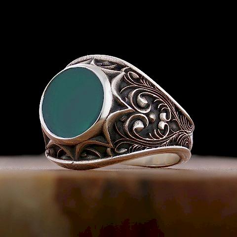 Yeşil Akik Taşlı Doğal Yüzük, Gümüş Erkek Yeşil Akik Taşlı Yüzük, Yeşil Akik Taşlı 925 Ayar Gümüş Yüzük