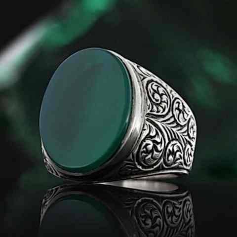 Yeşil Akik Taşlı Erkek Gümüş Motifli Yüzük, Yeşil Akik Taşlı Gümüş Yüzük