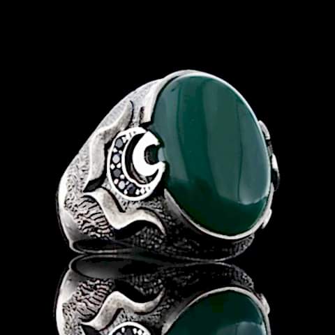 Yeşil Akik Taşlı Özel Tasarım Gümüş Erkek Yüzük