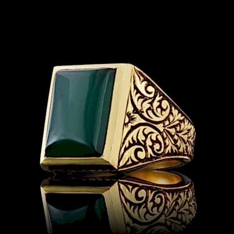 Yeşil Akik Yüzükle Kendinizi Fark Ettirin, Motifli Yeşil Akik Taşlı 925 Ayar Gümüş Erkek Yüzük
